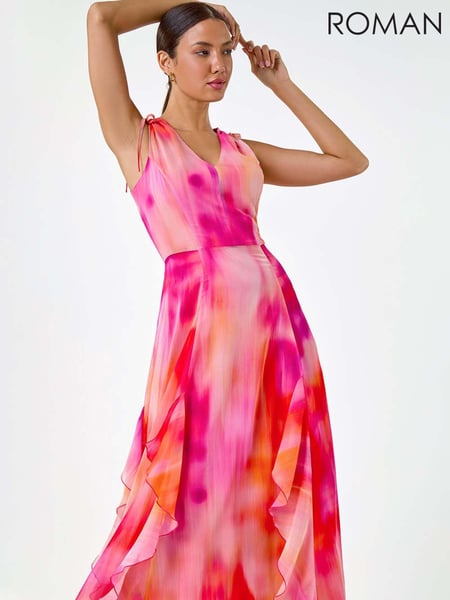 Roman Pink Abstract Print Frill Maxi Dress (E74219) | € 109