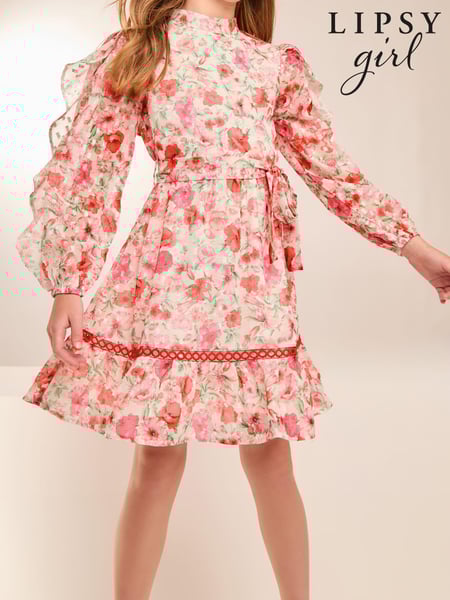 Lipsy Pink Floral Ruffle Sleeve Chiffon Sparkle Dress (5-16yrs) (E74691) | € 25 - € 31