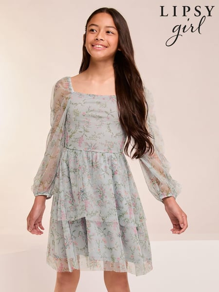 Lipsy Blue Floral Printed Mesh Tiered Dress (5-16yrs) (E74692) | € 22 - € 28