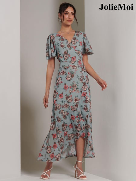 Jolie Moi Green Printed Mesh Frill Dip Hem Dress (E75269) | € 59