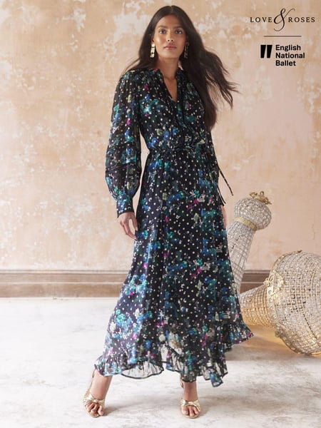 ENB | Love & Roses Black Printed Metallic Tie Front Midaxi Dress With Long Sleeves (E75526) | € 57