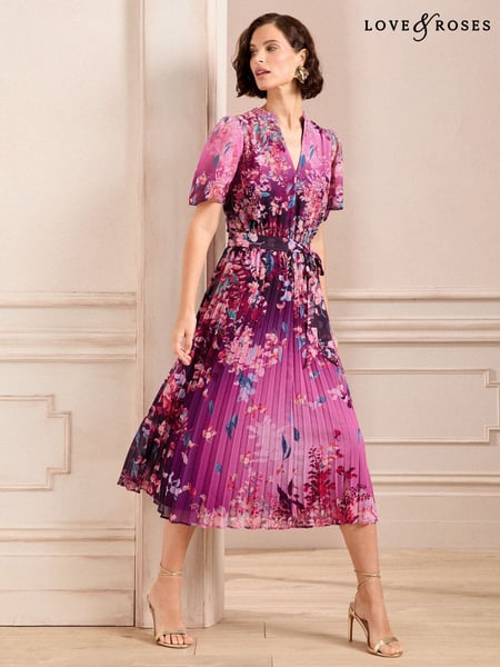 Love & Roses Pink Petite V Neck Pleated Midi Dress (E75530) | € 73