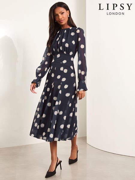 Lipsy Navy Blue Long Sleeve Gathered Waist Polka Dot Midi Dress (E76357) | € 75