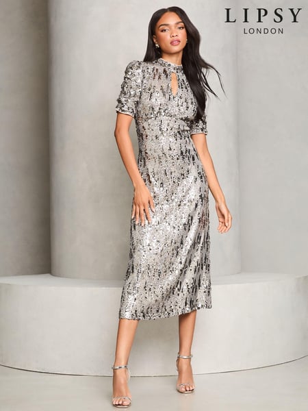 Lipsy Silver Petite Sequin Underbust Keyhole Midi Dress (E76358) | € 59