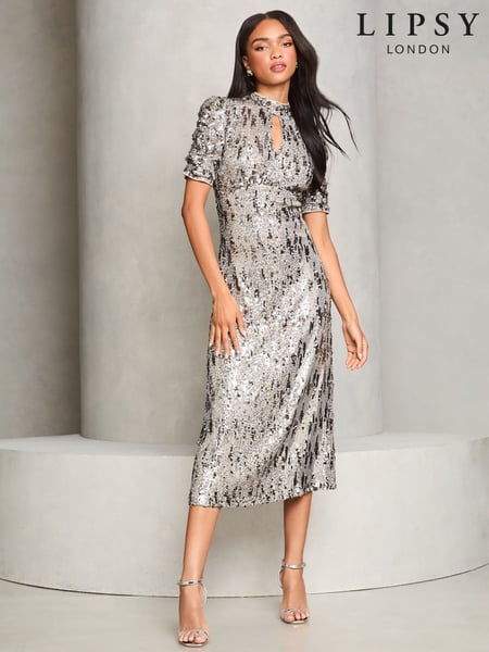 Lipsy Silver Sequin Underbust Keyhole Midi Dress (E76359) | € 59