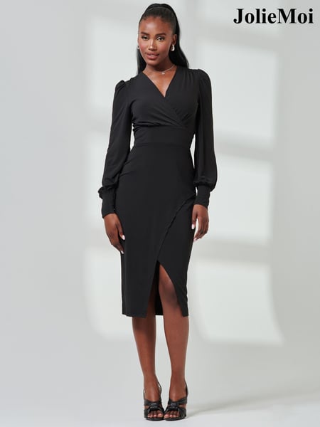 Jolie Moi Black Jersey Wrap Slit Pencil Dress (E76421) | € 106