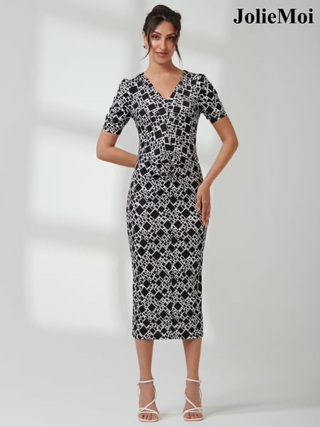 Jolie Moi Black Puff Sleeve Bodycon Midi Dress (E76422) | € 43
