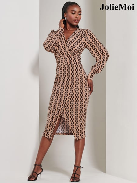 Jolie Moi Black Chrome Print Long Sleeve Jersey Pencil Dress (E76424) | € 47