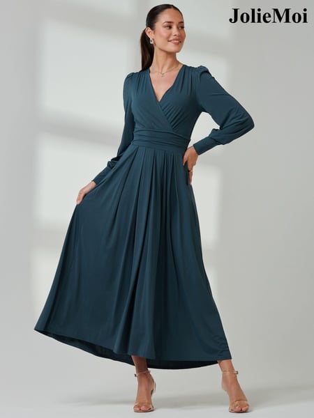 Jolie Moi Green Long  Sleeve Soft Silky Jersey Maxi Dress (E76432) | € 148