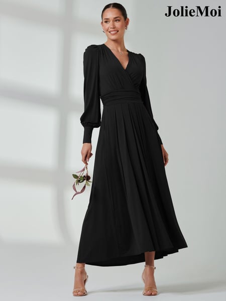 Jolie Moi Black Long  Sleeve Soft Silky Jersey Maxi Dress (E76436) | € 148