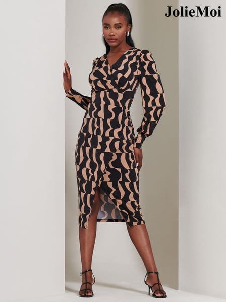 Jolie Moi Brown Jersey Wrap Slit Pencil Dress (E76438) | € 106