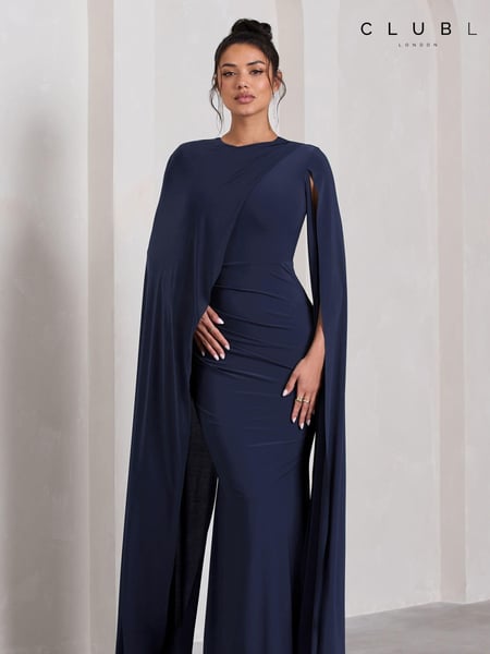 Club L London Navy Blue Magdelena Asymmetric Cape Maxi Dress (E76611) | € 133