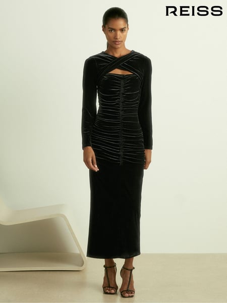 Reiss Black Sia Velvet Ruched Twist-Front Midi Dress (E78658) | € 309
