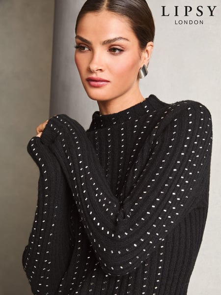 Lipsy Black Embellished Line Ribbed Roll Neck Knitted Jumper (E79004) | € 43