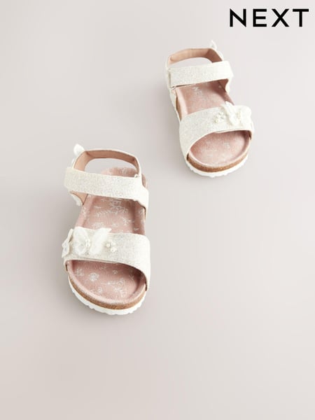 White Glitter Occasion Butterfly Standard Fit (F) Touch Fastening Corkbed Sandals (E79089) | € 26 - € 31