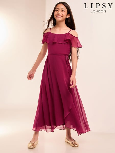 Lipsy Burgundy Red Cold Shoulder Maxi Occasion Dress (10-16yrs) (E79120) | € 37 - € 43