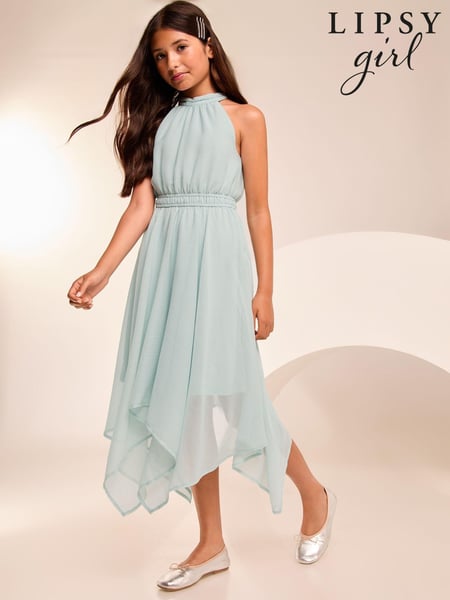 Lipsy Sage Green Hanky Hem Halter Occasion Dress (7-16yrs) (E79122) | € 37 - € 45