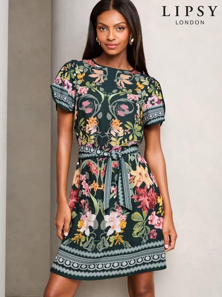 Lipsy Black Placement Print Tie Front Mini Shift Dress (E79365) | € 57