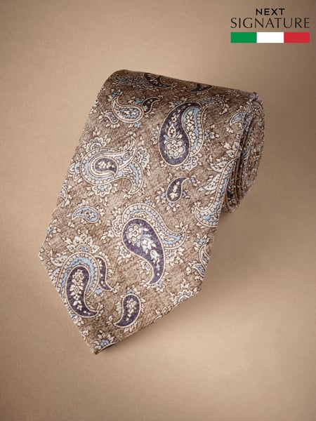 Neutral Brown/Blue Paisley Signature Made In Italy Printed Melange Tie (E79393) | € 52
