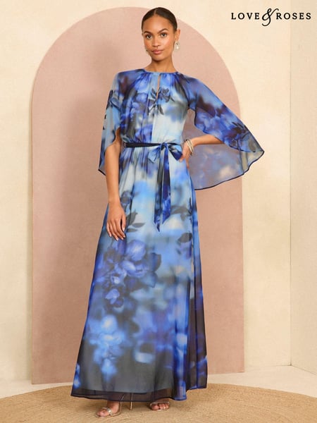Love & Roses Blue Printed Cape Maxi Dress (E79542) | € 61