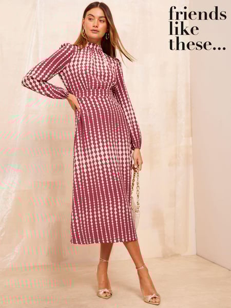 Friends Like These Red Geo Petite High Neck Long Sleeve Midi Dress with Bow Detailing (E80036) | € 33