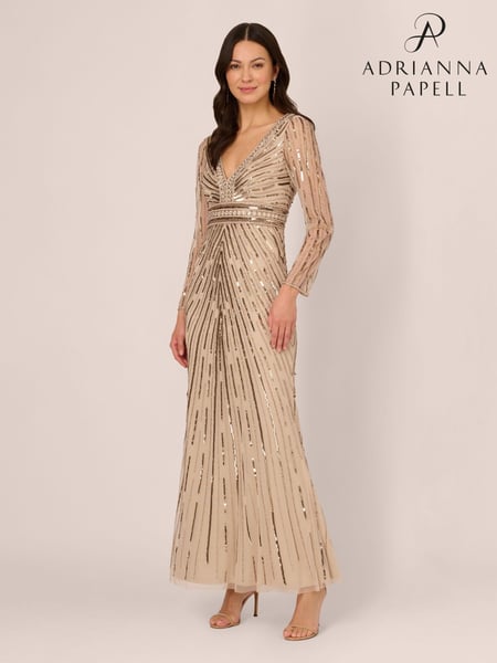 Adrianna Papell Natural Beaded Long Dress (E80936) | € 244