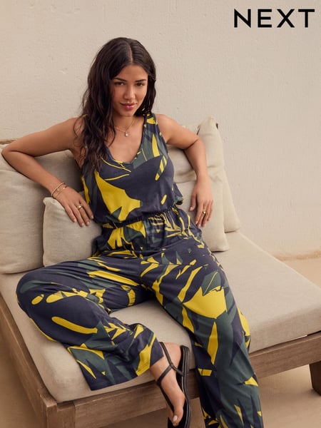 Navy/Khaki Green Jersey Wide Leg V-Neck Sleeveless Jumpsuit (E82002) | € 49