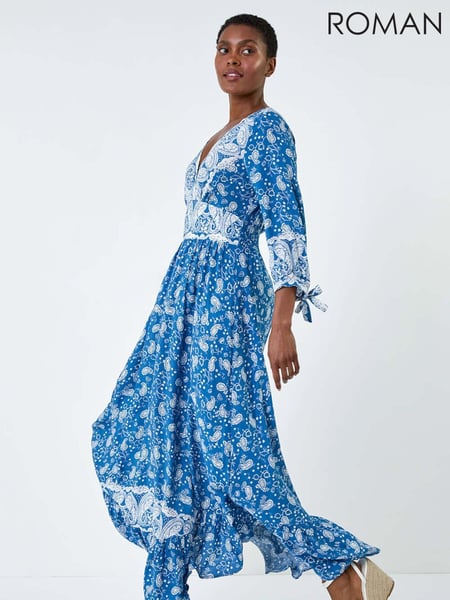 Roman Blue Paisley Print Frill Hem Maxi Dress (E82144) | € 78
