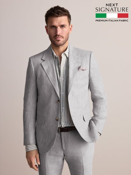 Light Grey Slim Fit Leomaster Italian 100% Linen Suit Jacket (E82675) | € 222