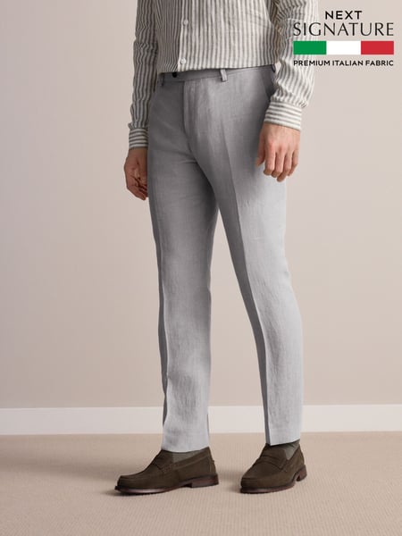 Light Grey Slim Fit Signature Leomaster Italian 100% Linen Fabric Suit Trousers (E82676) | € 149