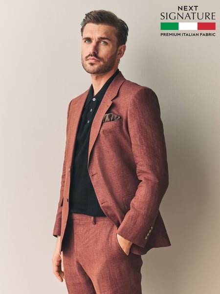 Rust Brown Slim Fit Leomaster Italian 100% Linen Suit Jacket (E82677) | € 222