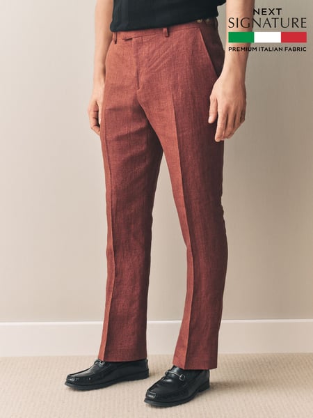Rust Brown Slim Fit Signature Leomaster Italian 100% Linen Fabric Suit Trousers (E82678) | € 149