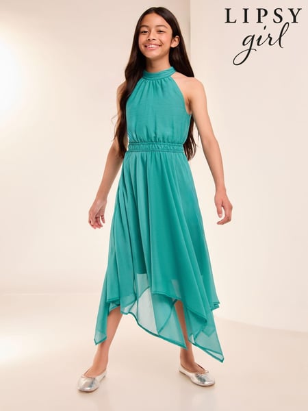 Lipsy Teal Green Hanky Hem Halter Occasion Dress (7-16yrs) (E82753) | € 32 - € 39