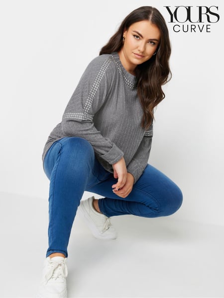 Yours Curve Grey Studded Neckline Embellished Jumper (E82983) | € 53