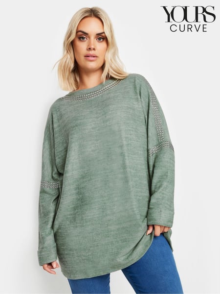 Yours Curve Green Soft Touch Studded Batwing Sleeve Jumper (E82990) | € 53