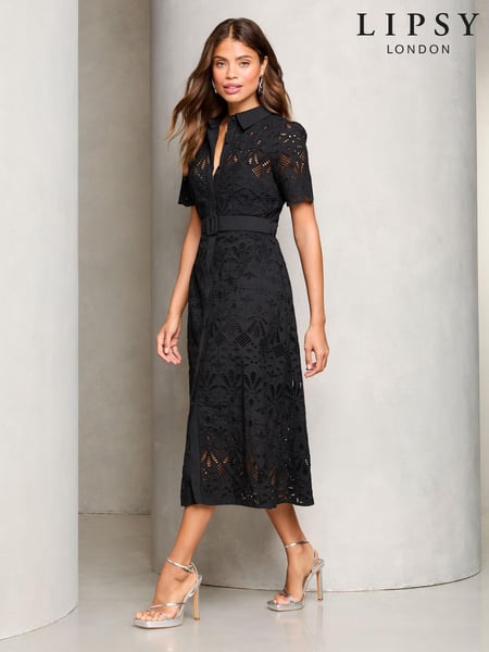 Lipsy Black Premium Broderie Lace Belted Shirt Midi Dress (E83118) | € 110