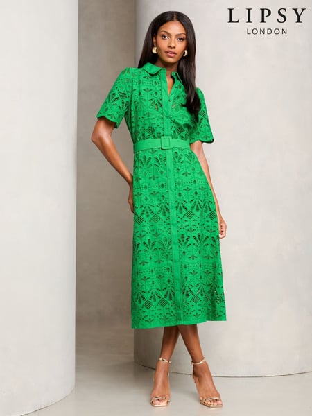 Lipsy Green Premium Broderie Lace Belted Shirt Midi Dress (E83122) | € 110