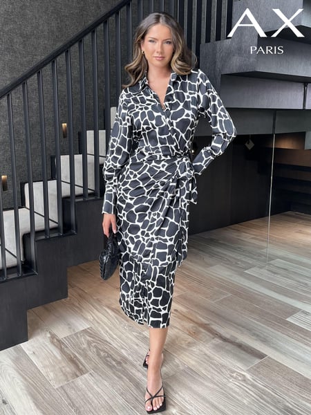 AX Paris Giraffe Print Side Tie Waist Wrap Black Midi Dress (E84072) | € 38