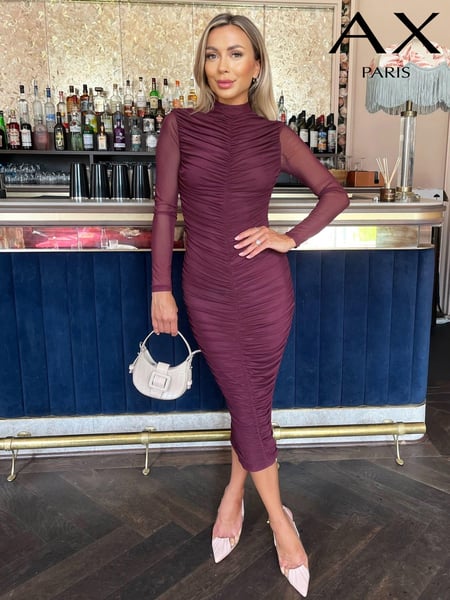 AX Paris High Neck Long Sleeve Ruched Bodycon Mesh Midi Dress (E84075) | € 60