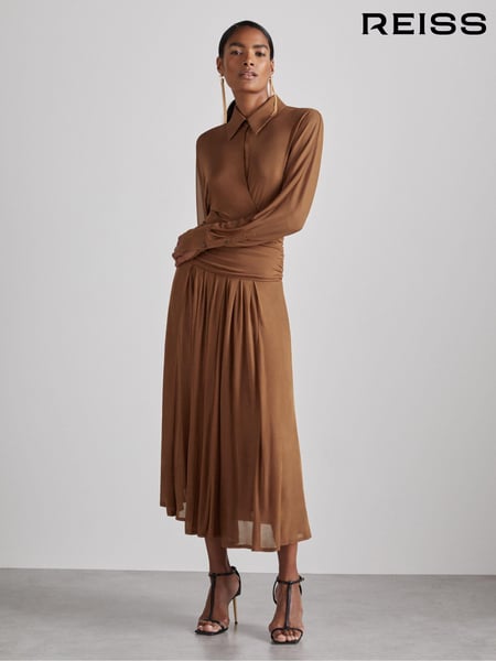 Reiss Tan Saffron Atelier Gathered-Georgette Maxi Dress (E84635) | € 616