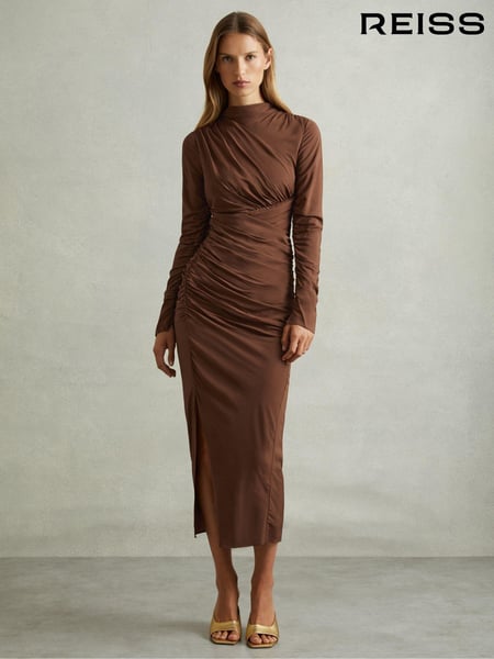 Reiss Chocolate Kelly Jersey Ruched Midi Dress (E84683) | € 356