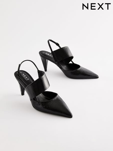 Black Standard Fit Forever Comfort® Point Toe Asymmetric Strap Detail Heel Slingbacks (E85137) | € 55