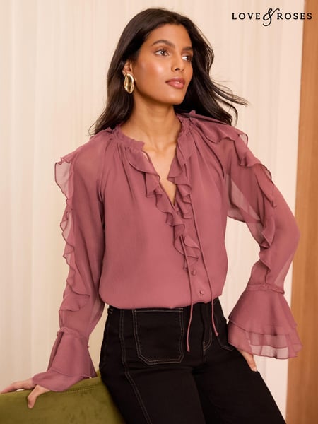 Love & Roses Pink Ruffle Detail V Neck Blouse (E85356) | € 30