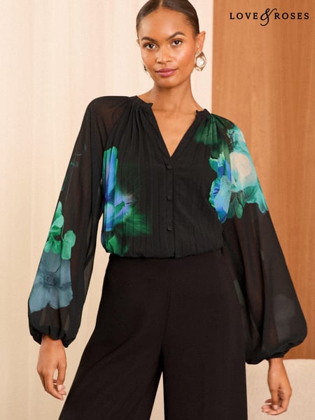 Love & Roses Black Floral Printed Pleated V Neck Blouse (E85371) | € 40