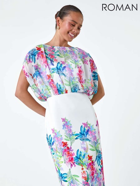 Roman White Floral Chiffon Blouson Overlay Dress (E85403) | € 94