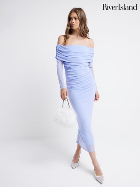 River Island Blue Bardot Mesh Midi Dress (E85910) | € 31