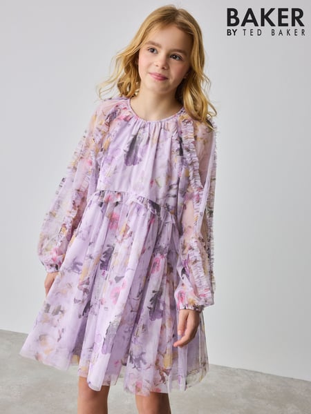 Baker by Ted Baker Purple Long Sleeve Mesh Floral Dress (E86438) | € 62 - € 70