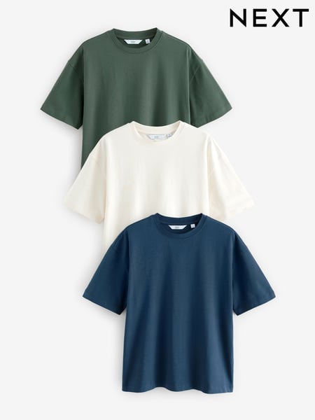 Blau/Ecru/Grün - Bequeme Passform - Heavyweight T-Shirts 3 Pack (E86461) | 67 €