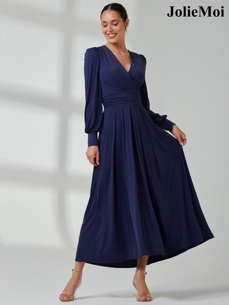 Jolie Moi Navy Blue Long  Sleeve Soft Silky Jersey Maxi Dress (E86763) | € 148