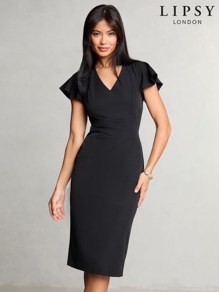 Lipsy Black V Neck Smart Flutter Sleeve Midi Dress (E87882) | € 35